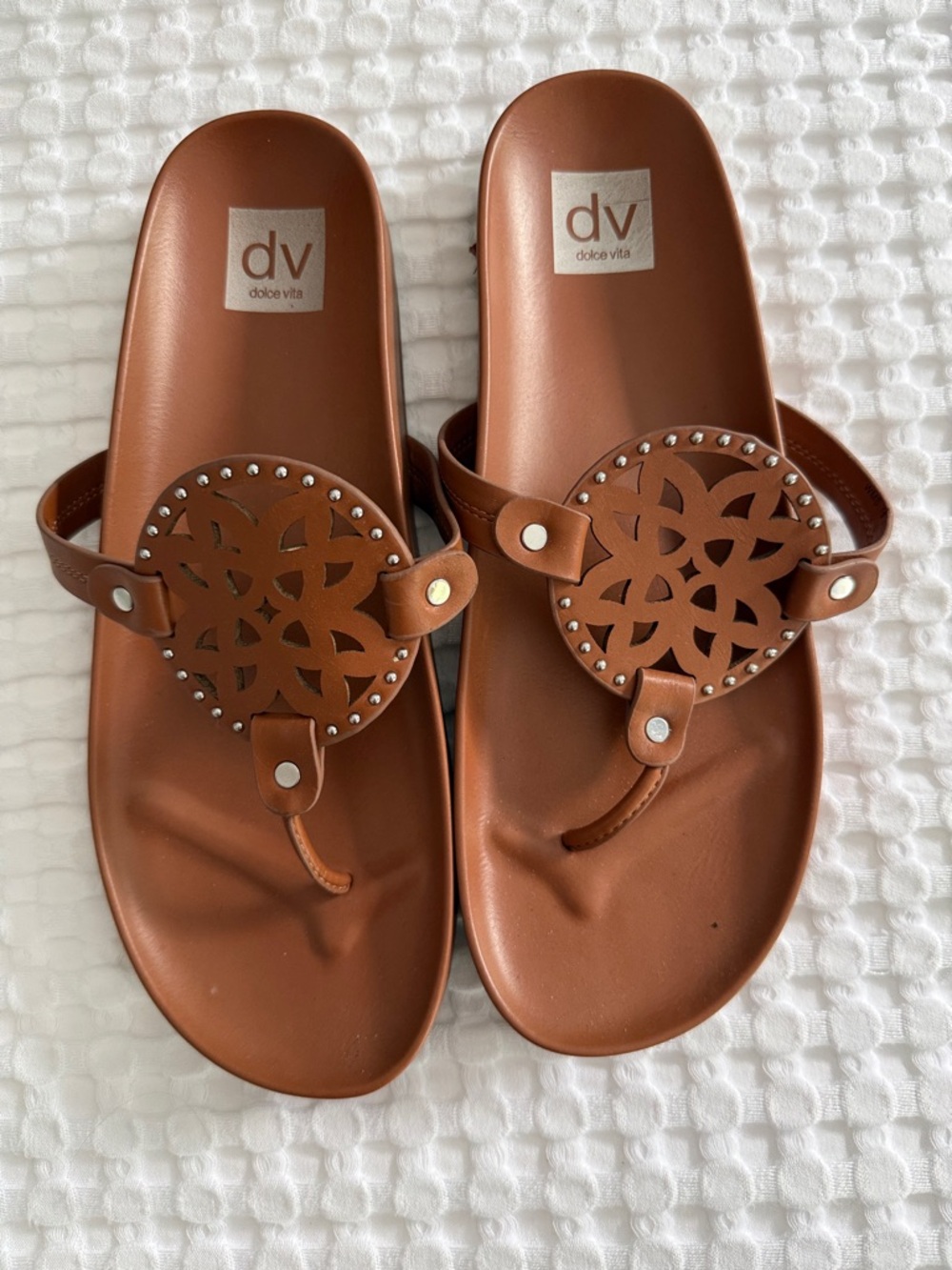 Dolce Vita Cognac Brown Laser-Cut Thong Sandals